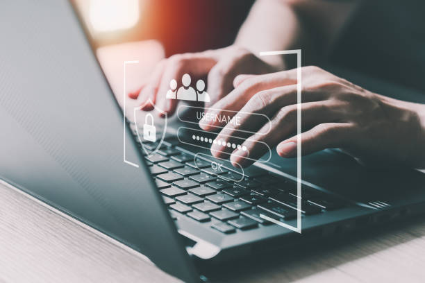 istock Man typing login and password, cyber security concept, Secure encryption and access to the user's private information to access the Internet. 1371630130