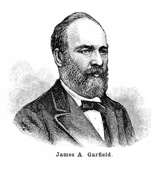 ilustraciones, imágenes clip art, dibujos animados e iconos de stock de retrato de james garfield, 20o presidente de los estados unidos - civil war general engraving men