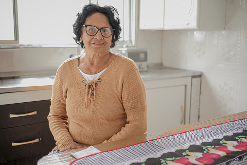 Portrait of an indigenous Brazilian woman at home, with a serene face and calm expressions of a well lived life, wearing casual clothing.