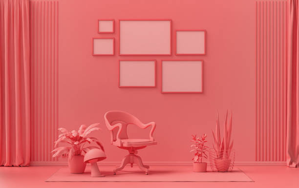 istock Wall mockup with six frames in solid flat  pastel light pink, pinkish orange color, monochrome interior modern living room with furniture and plants, 3d rendering 1371633897