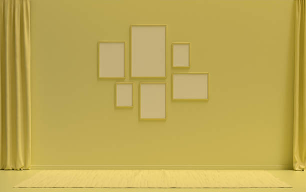 istock Poster frame background room in flat light yellow color with 6 frames on the wall, solid monochrome background for gallery wall mockup, 3d rendering 1371633918