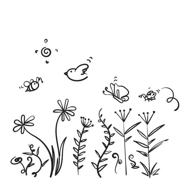 ręcznie rysowany doodle sezon wiosenny natura ilustracja wektor - spring grass cloud butterfly stock illustrations