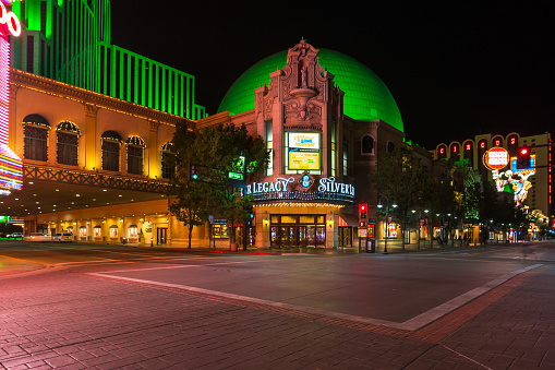 Reno, Nevada, USA - August 23, 2016: Downtown Reno, Silver Legacy casino dome, view from the night street
