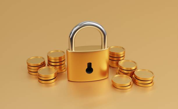 istock 3d illustration, Symbol for Cryptocurrency security. A stack of Coins with lock on golden background 1371651435