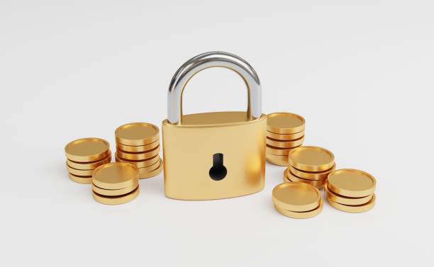 istock 3d illustration, Symbol for Cryptocurrency security. A stack of Coins with lock on white background 1371651746
