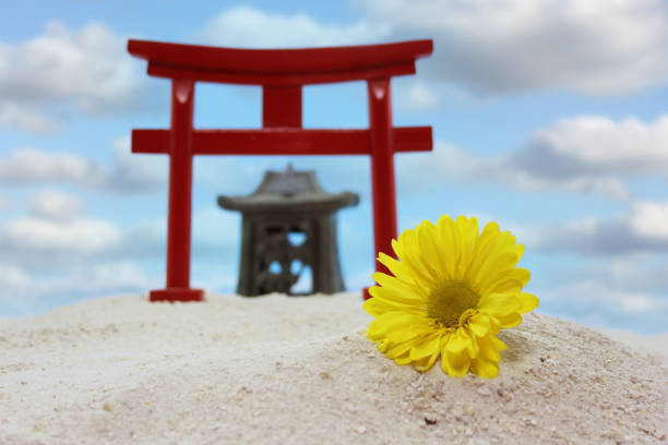 Torii Gate and Temple on Beach With Blue Sky Torii Gate and Temple on Beach Shallow DOF torri gate stock pictures, royalty-free photos & images
