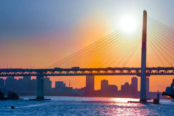 Image of Yokohama Bay Bridge and sunset. Shooting Location: Yokohama-city kanagawa prefecture