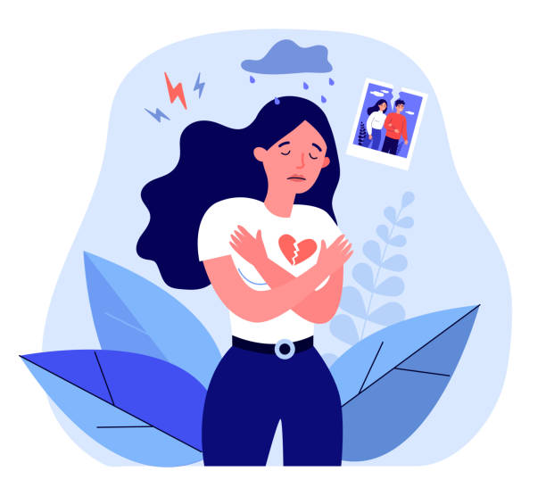 ilustraciones, imágenes clip art, dibujos animados e iconos de stock de triste chica de dibujos animados con el corazón roto - despair depression adult boyfriend