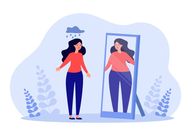 Sad slim woman seeing overweight girl in mirror Sad slim woman seeing overweight girl in mirror. Insecure female character fat in reflection flat vector illustration. Diet, eating disorder, health, beauty concept for banner or landing web page eating disorder stock illustrations