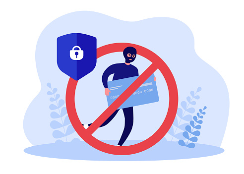 Cartoon thief stealing big credit card. Criminal in mask and stop symbol, financial protection from fraud flat vector illustration. Security, crime concept for banner, website design or landing page
