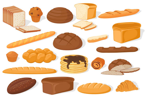 Fresh bread and rolls Fresh bread and rolls.Confectionery products.Croissant and French baguette, loaf of bread and pancake.Sandwich bread and rye loaves.A set of vector illustrations made of flour.Bread shop assortment . brown university stock illustrations