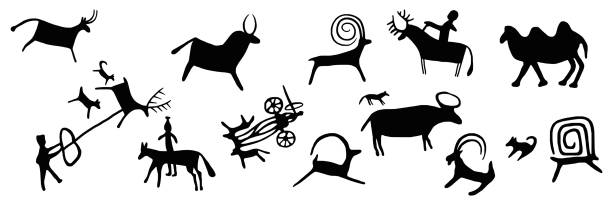 nahtloses muster, eine reihe von petroglyphen, höhlenzeichnungen - felszeichnung oder höhlenmalerei stock-grafiken, -clipart, -cartoons und -symbole