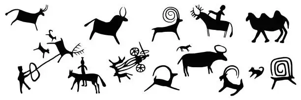 Vector illustration of Seamless pattern, a series of petroglyphs, cave drawings