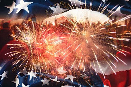 National holidays template banner. Double exposure background with waving flag of the USA, fireworks and people. Copy space.