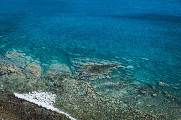 Sea surface with small waves, top view in blue and turquoise color tones.  Ecology concept.