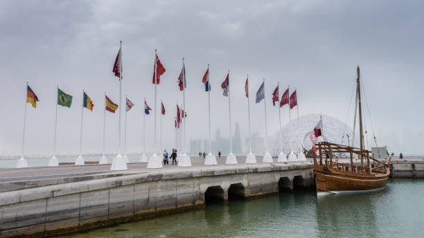 Flags at the 'Way to the World Cup' on the Corniche Promenade, Doha, Qatar stock photo