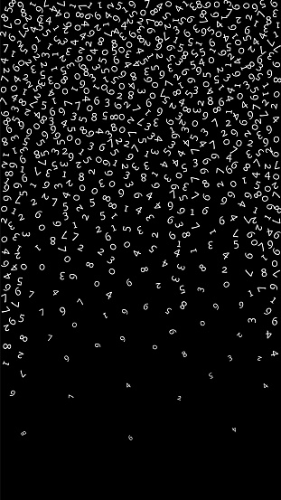 Falling numbers, big data concept. Binary white random flying digits. Lively futuristic banner on black background. Digital vector illustration with falling numbers.