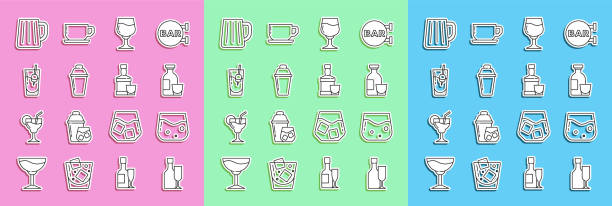 Set line Wine bottle with glass, Glass of whiskey, Alcohol drink Rum, Cocktail shaker, Bloody Mary, Wooden beer mug and Whiskey and icon. Vector Set line Wine bottle with glass Glass of whiskey Alcohol drink Rum Cocktail shaker Bloody Mary Wooden beer mug and Whiskey and icon. Vector. laboratory shaker stock illustrations