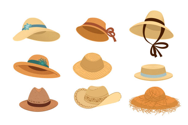 Woven straw hats vector illustrations set Woven straw hats vector illustrations set. Different designs of yellow hats with wide brims, clothes for farmers isolated on white background. Fashion, summer, agriculture or farming concept hat illustrations stock illustrations