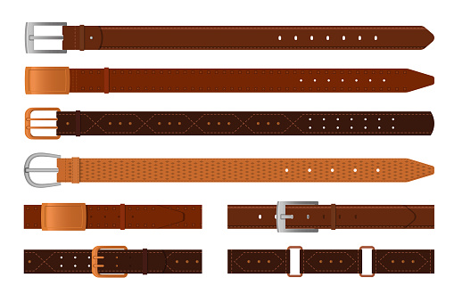 Classic brown leather belts flat vector illustrations set. Collection of straps with metal, brass or steel buckle rings isolated on white background. Fashion, accessories, haberdashery concept