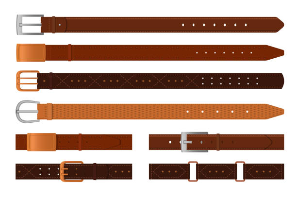 Classic brown leather belts flat vector illustrations set Classic brown leather belts flat vector illustrations set. Collection of straps with metal, brass or steel buckle rings isolated on white background. Fashion, accessories, haberdashery concept leather belt stock illustrations