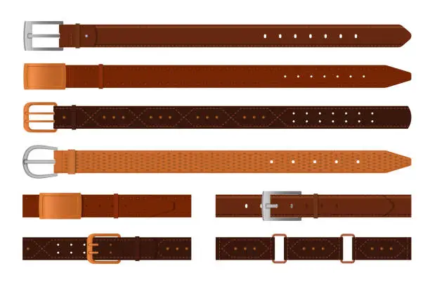 Vector illustration of Classic brown leather belts flat vector illustrations set