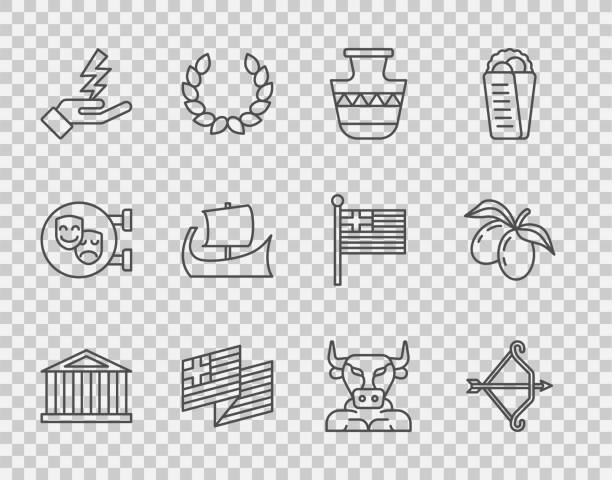 Set line Parthenon, Medieval bow with arrow, Ancient amphorae, Greece national flag, Zeus, Greek trireme, Minotaur and Olives branch icon. Vector Set line Parthenon Medieval bow with arrow Ancient amphorae Greece national flag Zeus Greek trireme Minotaur and Olives branch icon. Vector. famous archer stock illustrations
