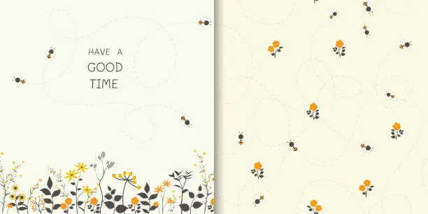 Vector illustration of Set of cute little bees happy on the flowers garden with seamless pattern,for kid product,fashion,fabric,textile,print,banner,surface design or greeting card