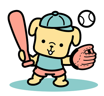 A cute dog with a baseball bat, glove, and ball