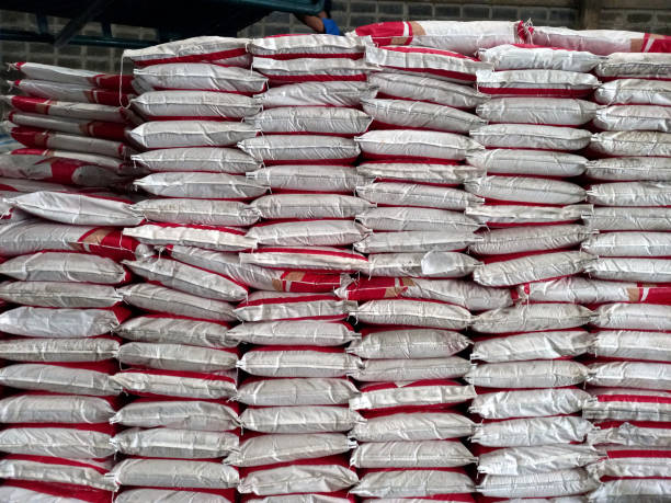Chemical fertilizer The product stock is packed in sacks, stacked in the warehouse, waiting for delivery.