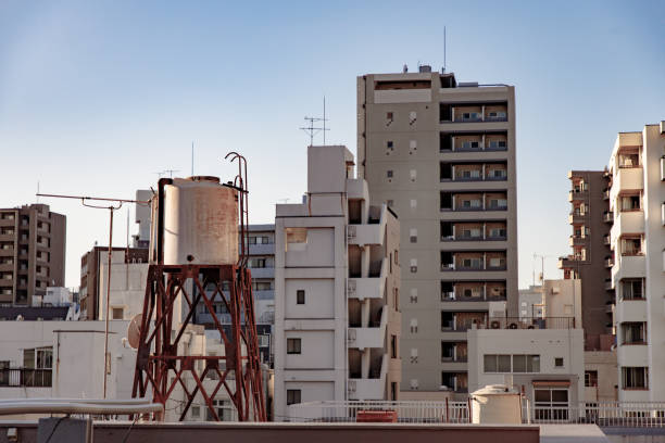 Storage water tank on a building rooftop