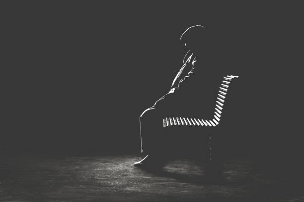 ilustrações de stock, clip art, desenhos animados e ícones de illustration of light profile of lonely old man waiting on a bench in the park, minimal solitude concept - abstract senior adult old past
