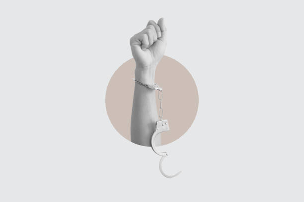 Digital collage modern art. Freedom hand raised with unchain handcuffs Digital collage modern art. Freedom hand raised with unchain handcuff breaking free from chains stock pictures, royalty-free photos & images