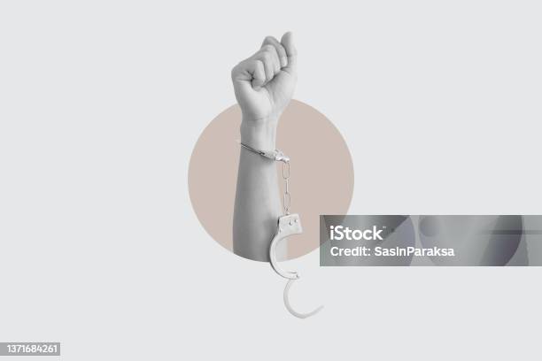 Digital Collage Modern Art Freedom Hand Raised With Unchain Handcuffs Stock Photo - Download Image Now