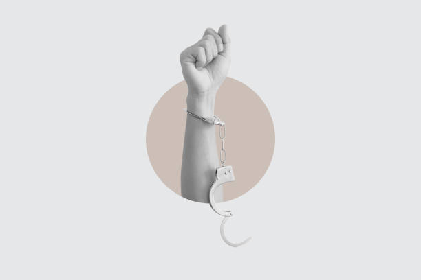 digital collage modern art. freedom hand raised with unchain handcuffs - 釋放 插圖 個照片及圖片檔