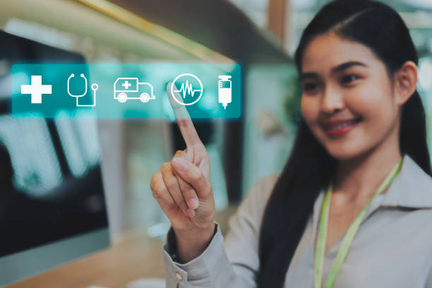 istock Telemedical service technology concept, Closeup finger touching gesturing virtual screen Ui interface selection medical online service 1371684479