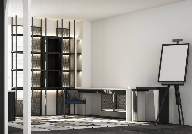 istock Interior in memphis minimalist style in the living dining  working. using wood material and blue cloth on concrete floor and arched walkways in an apartment with large windows 3d render 1371685100