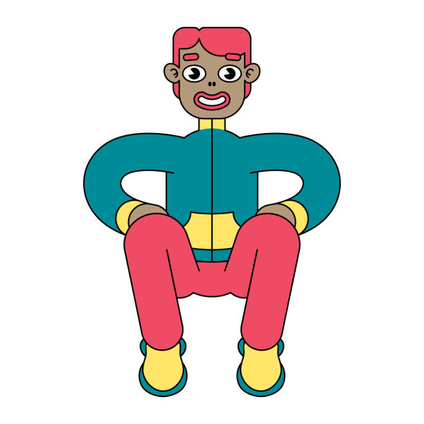 Isolated image of a black sportsman performing squats. A young man performs a sports exercise, is engaged in exercises on a white background. Vector.
