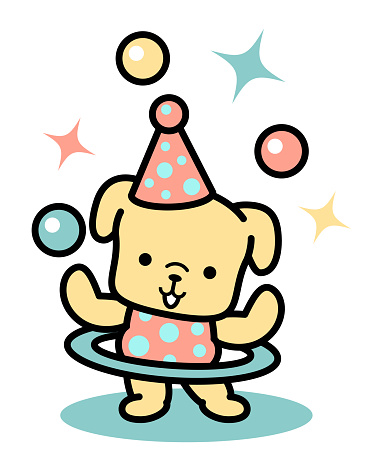 Animal characters vector art illustration.
A cute dog wearing a party hat and juggling balls and hooping.