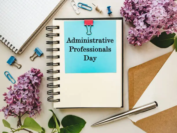 Photo of Happy Administrative Professionals Day. Greeting Card. Close-up
