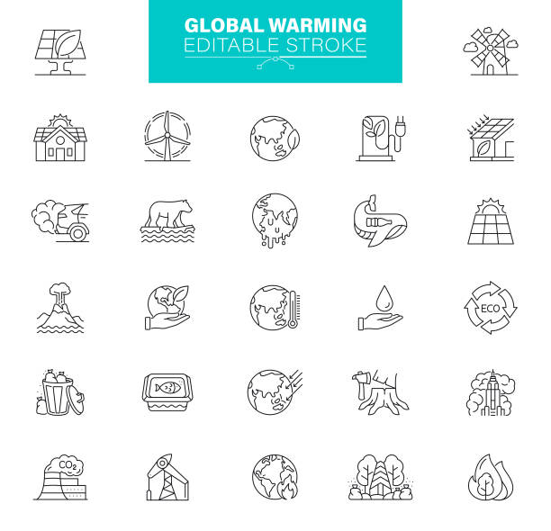 symbole für die globale erwärmung bearbeitbarer strich. enthält symbole wie ökologie, klimawandel, grüne technologie, alternative energien - benzin sparen stock-grafiken, -clipart, -cartoons und -symbole
