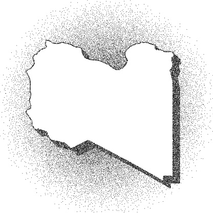 Map of Libya draw with the stippling technique. Beautiful and trendy illustration created only with dots and isolated on a blank background. White map with dotted black outline and dark shadow. White background with a stippled circular gradient. (colors used: black and white). Vector Illustration (EPS10, well layered and grouped). Easy to edit, manipulate, resize or colorize. Vector and Jpeg file of different sizes.