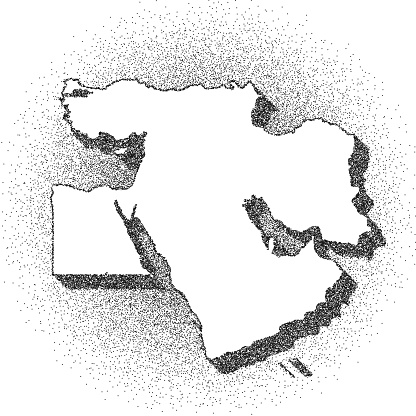 Map of Middle East draw with the stippling technique. Beautiful and trendy illustration created only with dots and isolated on a blank background. White map with dotted black outline and dark shadow. White background with a stippled circular gradient. (colors used: black and white). Vector Illustration (EPS10, well layered and grouped). Easy to edit, manipulate, resize or colorize. Vector and Jpeg file of different sizes.