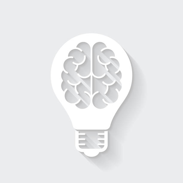 ilustrações de stock, clip art, desenhos animados e ícones de light bulb with brain. icon with long shadow on blank background - flat design - light shadow lighting equipment inspiration