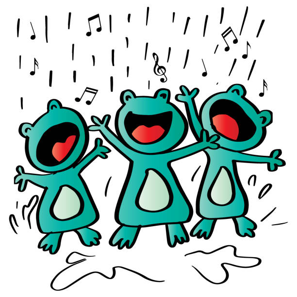 비에 노래하는 개구리 세 개 - frog jumping pond water lily stock illustrations