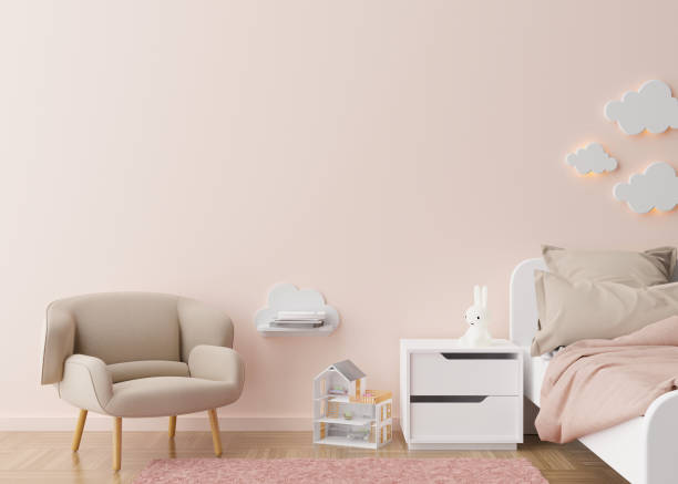 istock Empty wall in modern child room. Mock up interior in contemporary style. Free space, copy space for your picture, text, or another design. Bed, armchair, toys. Cozy room for kids. 3D rendering. 1371696951