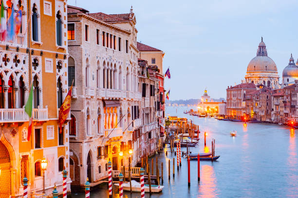 the basilica santa maria della salute and the grand canal, venice, italy. - veneza imagens e fotografias de stock