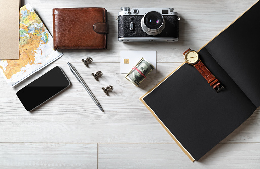 Travel vacation accessories. Ready for trip. Flat lay.