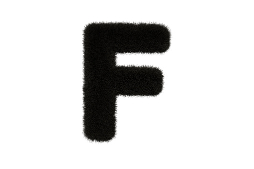 3d rendering of letter F with black fluffy hairy fur uppercase alphabet white background