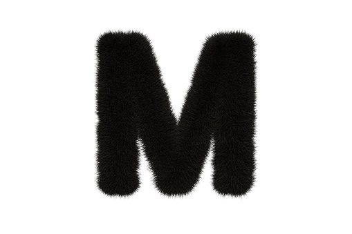 3d rendering of letter M with black fluffy hairy fur uppercase alphabet white background